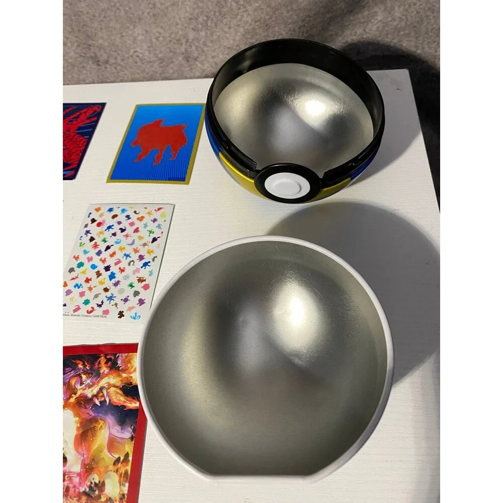 Pokemon Empty Quick Ball Tin Blue Gold with 11 Mixed Trading Card Sleeves Lot